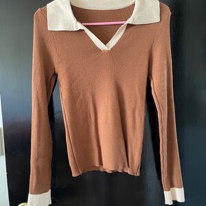 SHEIN Brown V-Neck Sweater with Cream Accents